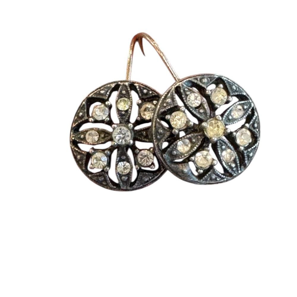 Vintage Silver Filigree and Crystal Floral Earrings. EUC